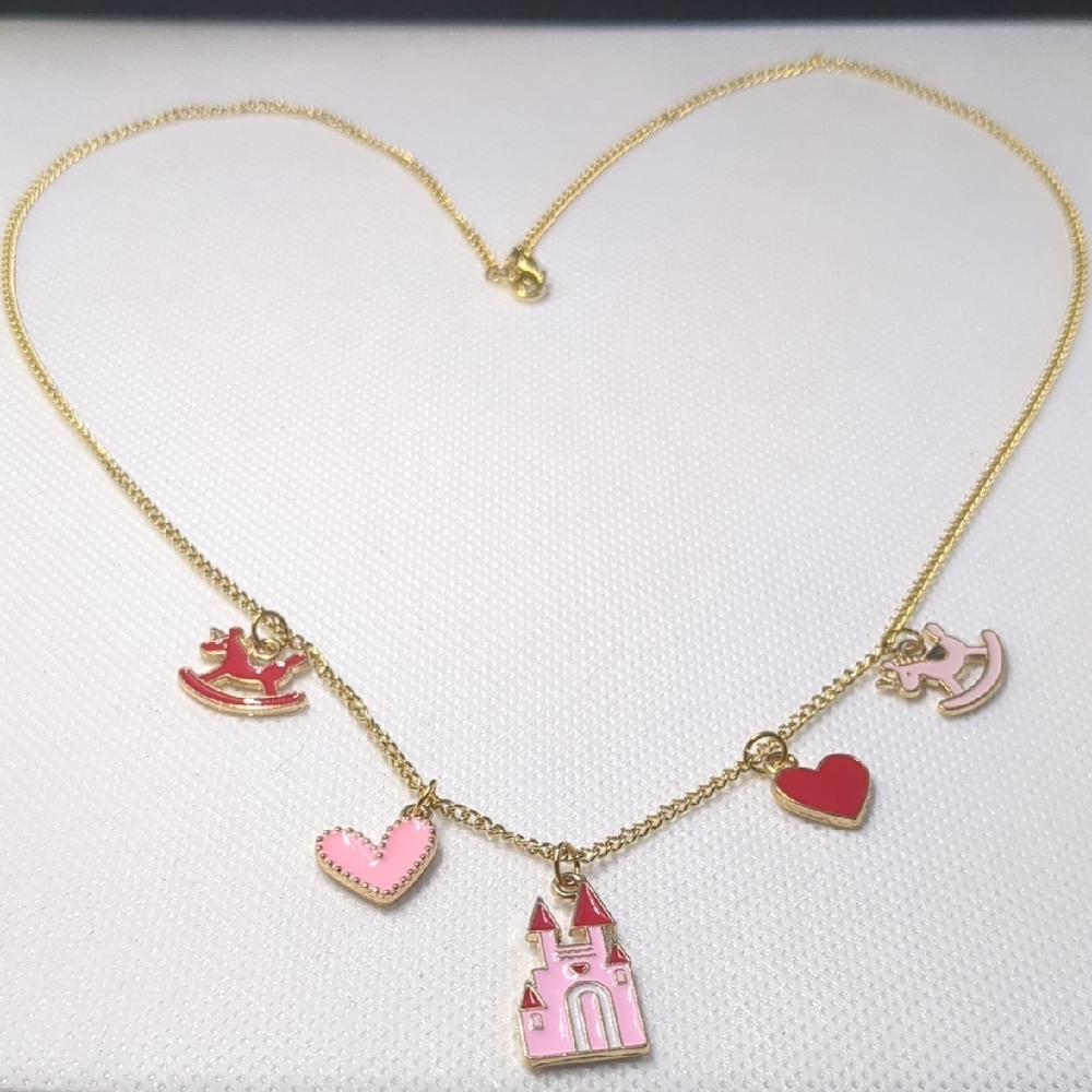 Gold Necklace with Pink and Red Charms